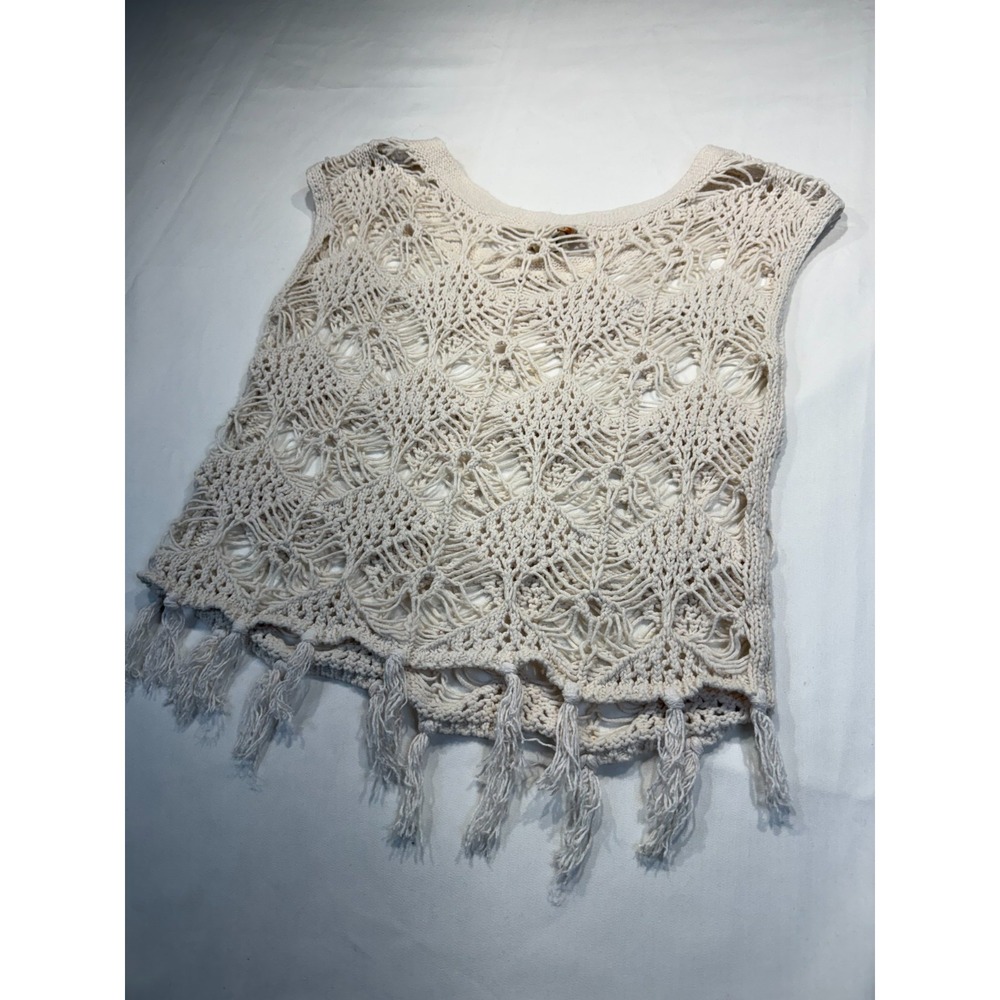 Vintage Y2K Mudd Women's M Ivory Crochet Fringe Boho Hippie Festival Top